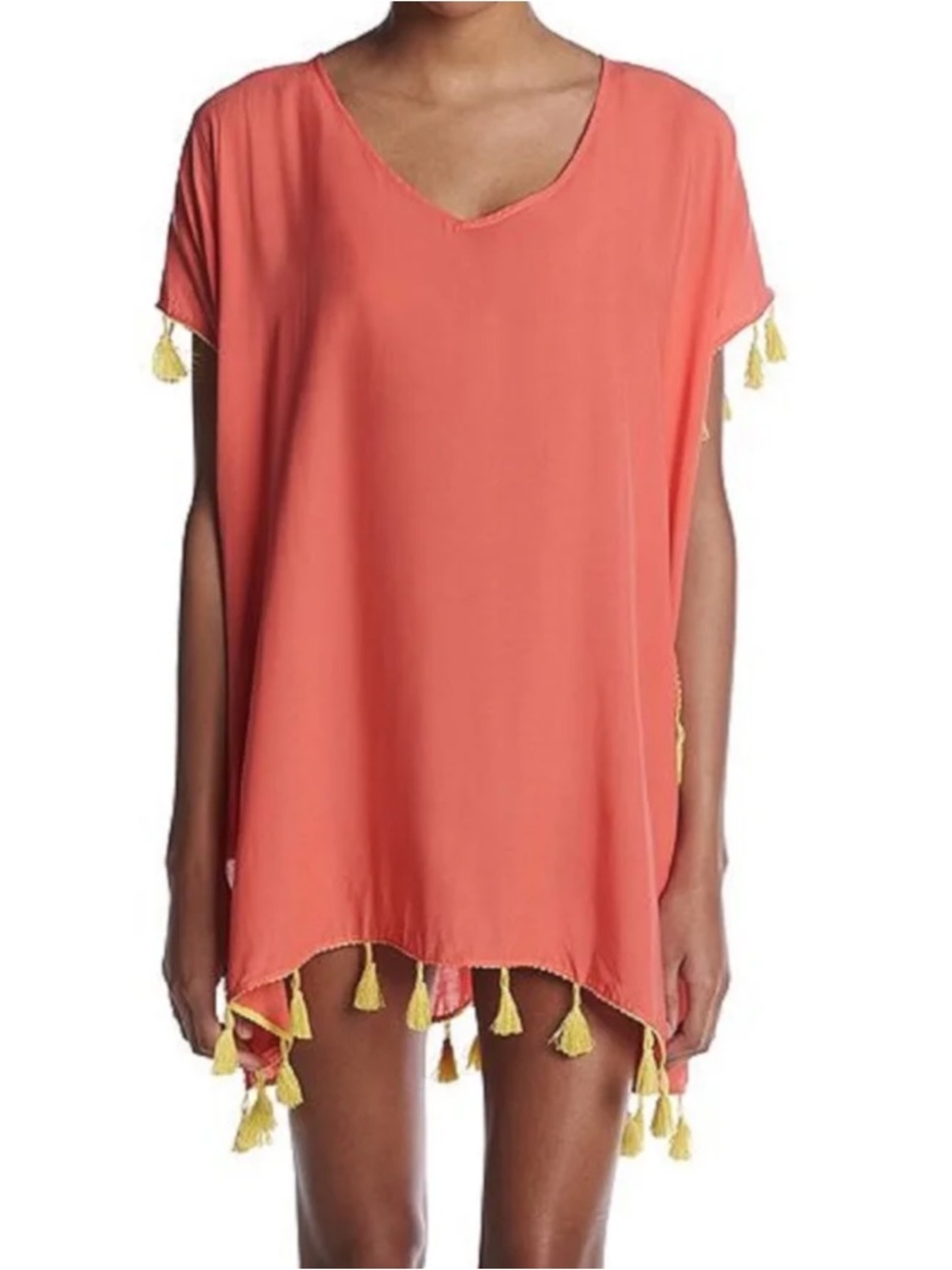 C & T Beach Cover Up Women Size XL Coral Yellow Tassel V-Neck Swimwear Cover New